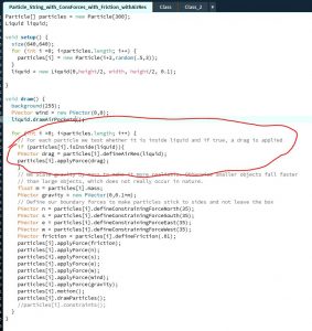 Main Draw program code that gives evaluates whether a particle is inside the fluid region and if so, adds a force to the particle